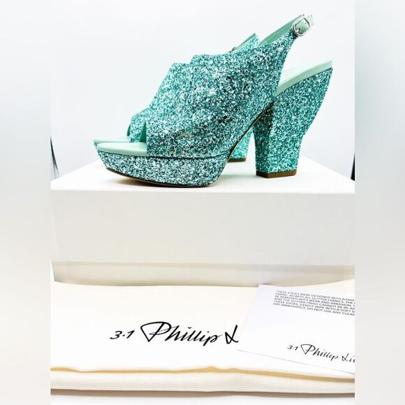 NWT 3.1 Phillip Lim Salma Glitter Platform Leather Sandals in Mint Blue 9.5 39.5 - Picture 2 of 8